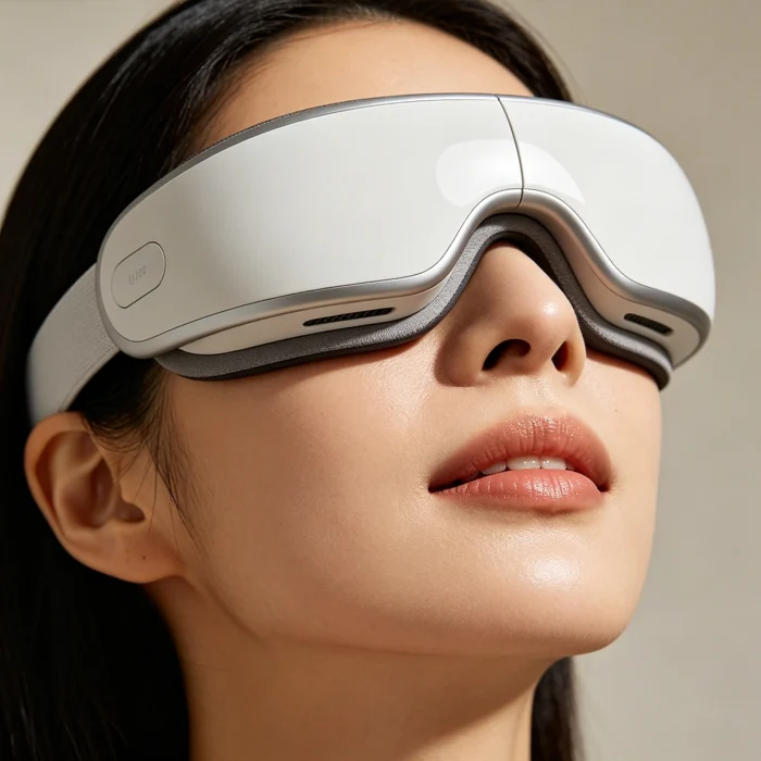 A person wearing an electric eye massager over their eyes