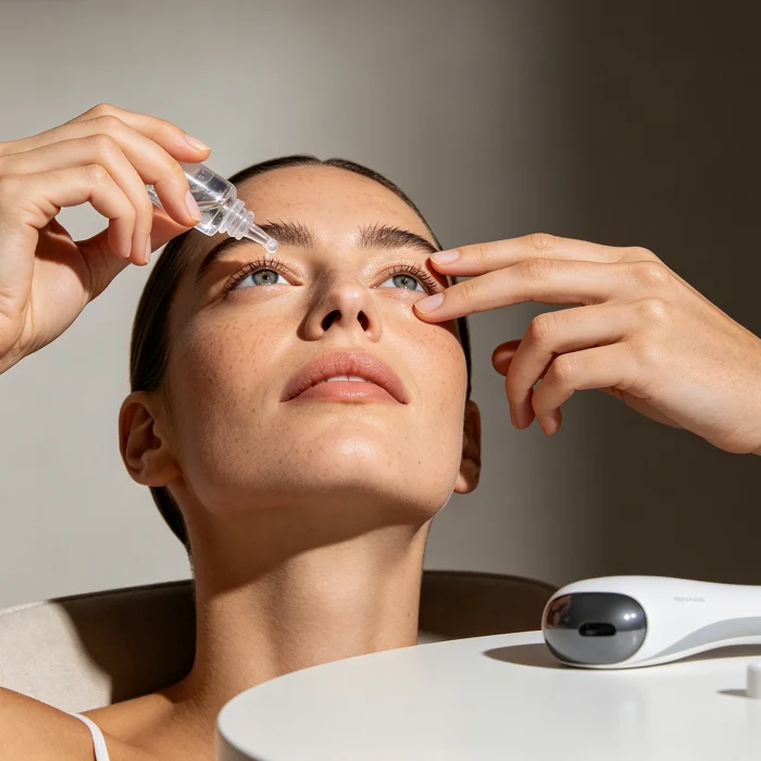 A person applying eye drops before using an eye massager