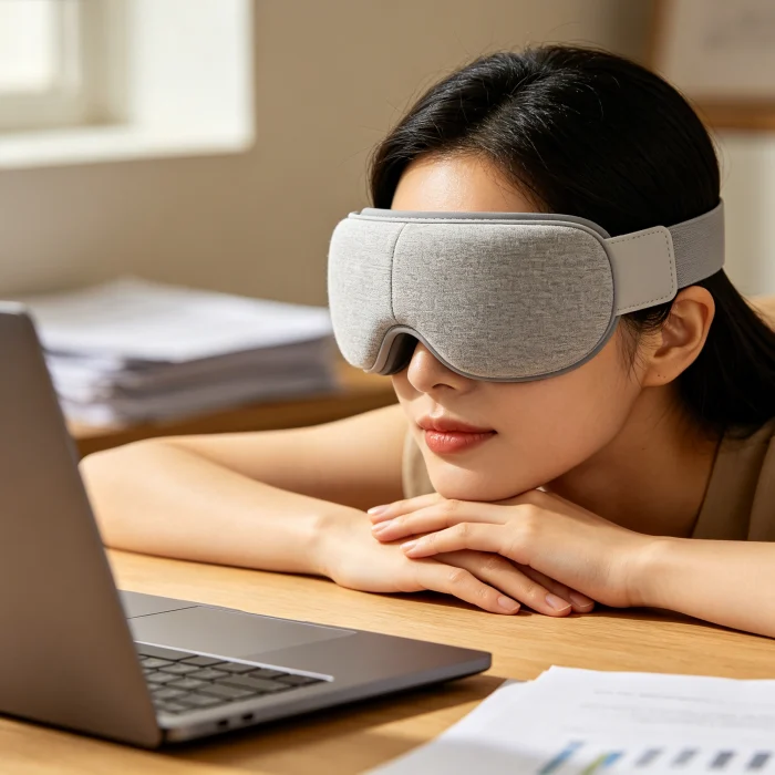 A person using an eye massager while sitting at a desk