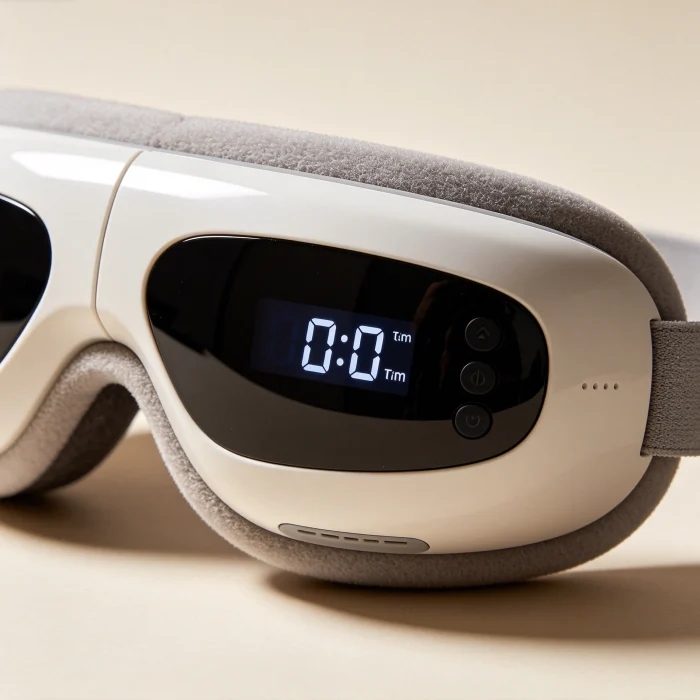 A close-up of an eye massager with a timer display