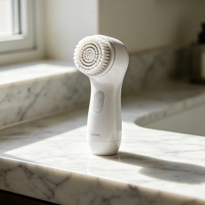 a white sonic face cleansing brush on a bathroom counter