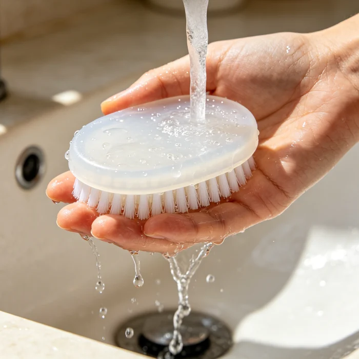a person holding a silicone cleansing brush under running water