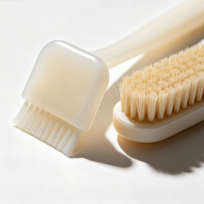 a close-up of a silicone brush head next to a nylon bristle brush head