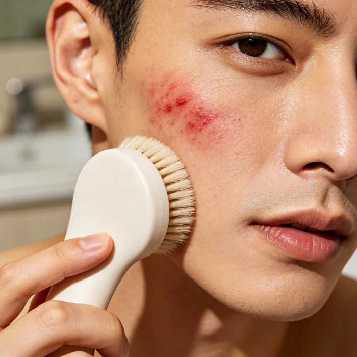 a person incorrectly pressing a facial brush against their cheek with visible red marks
