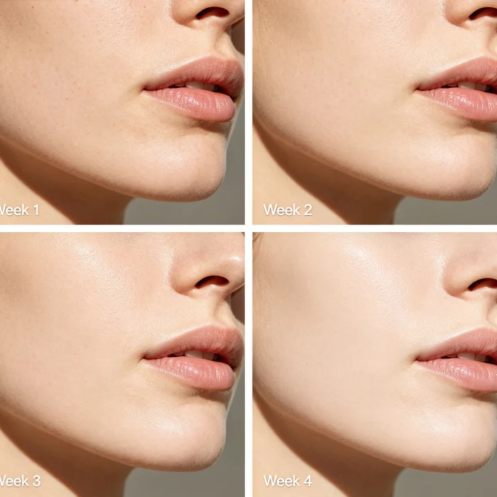 a four-panel photo series showing skin over 4 weeks of using a cleansing brush