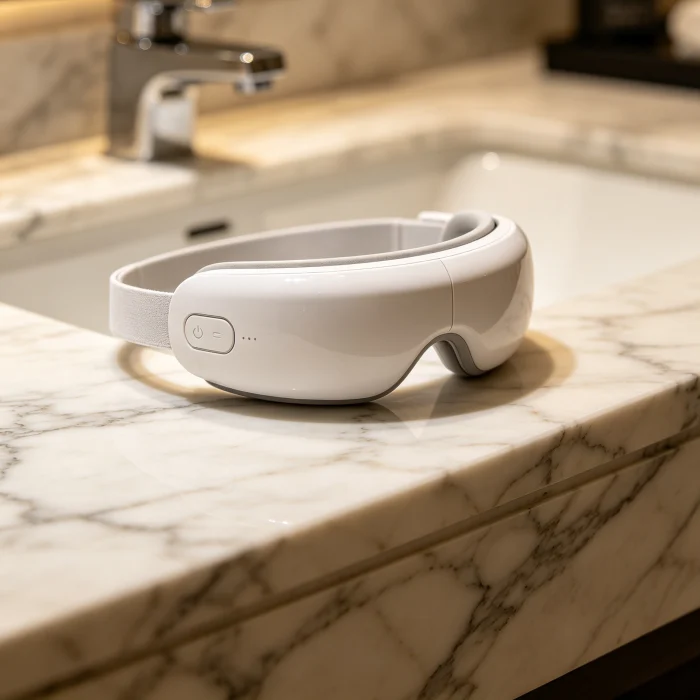 a white electric eye massager on a marble bathroom counter