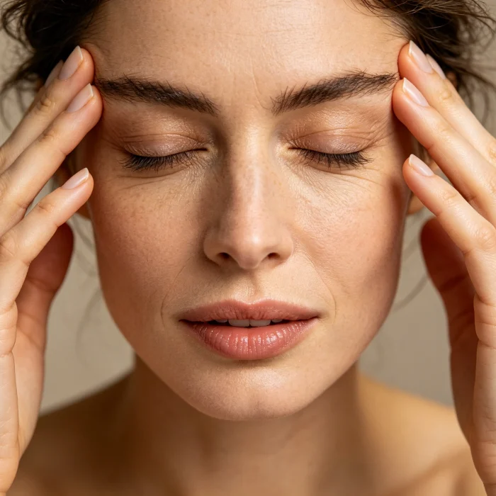 a person gently massaging their temples with fingertips