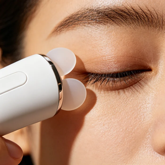 a close-up of an eye massager being held near a closed eye