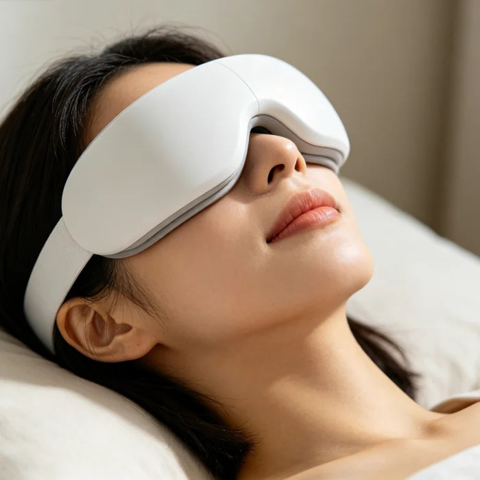 a person lying down with a white eye massager over their eyes