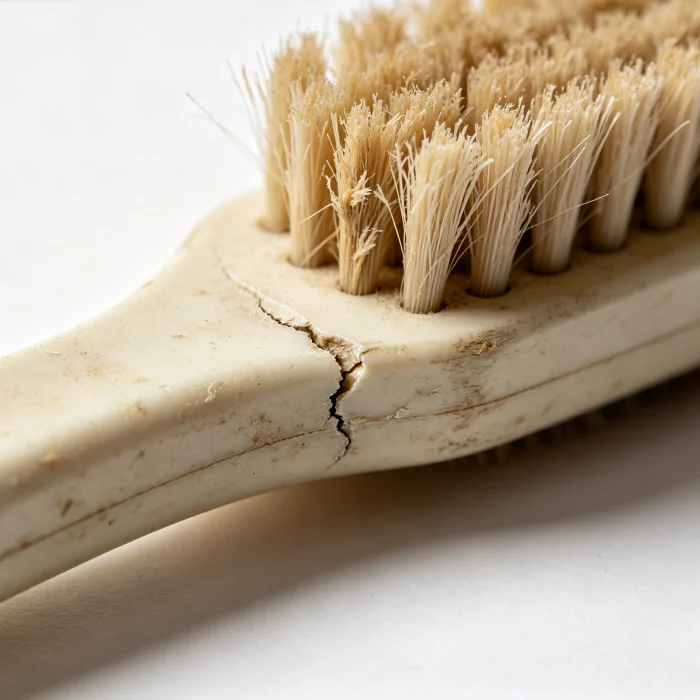 a close-up of a flex face brush handle showing worn bristles and a small crack in the plastic