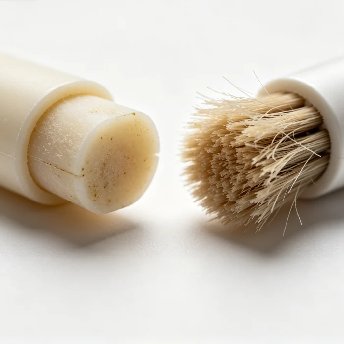 two brush heads side by side, one silicone with worn tips, one nylon showing frayed bristles
