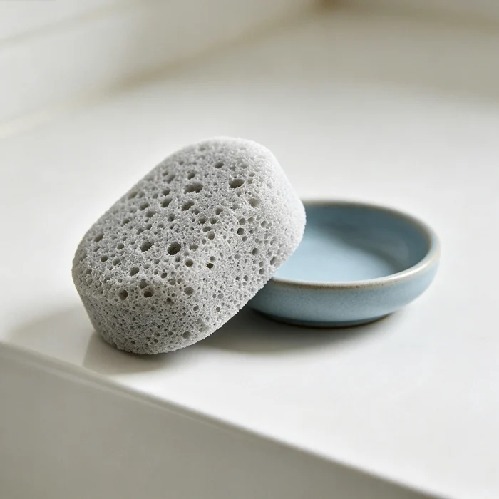 a konjac sponge resting on a white countertop next to a small ceramic dish