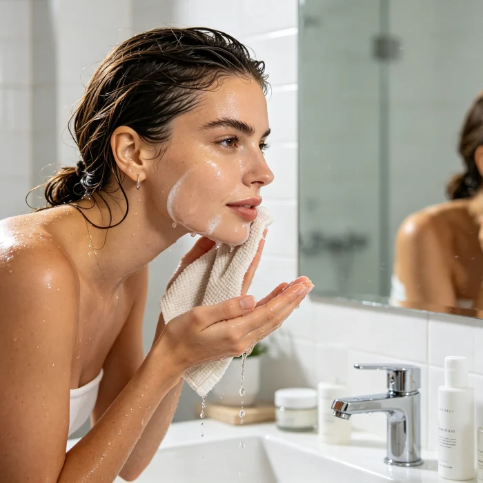 a woman gently cleansing her face with a soft washcloth in a well-lit bathroom