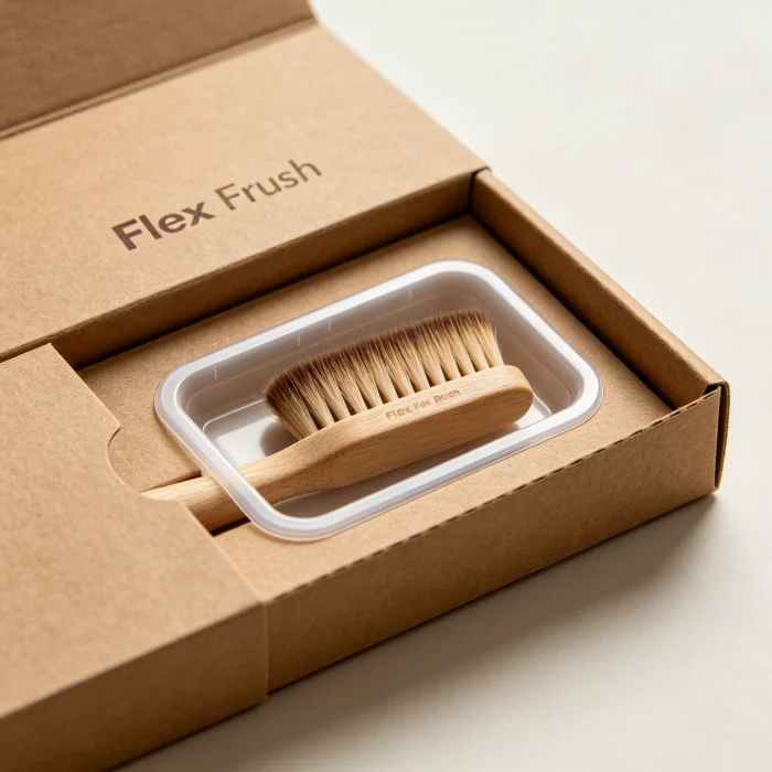 a flex face brush in its original cardboard packaging, with a smaller plastic tray inside