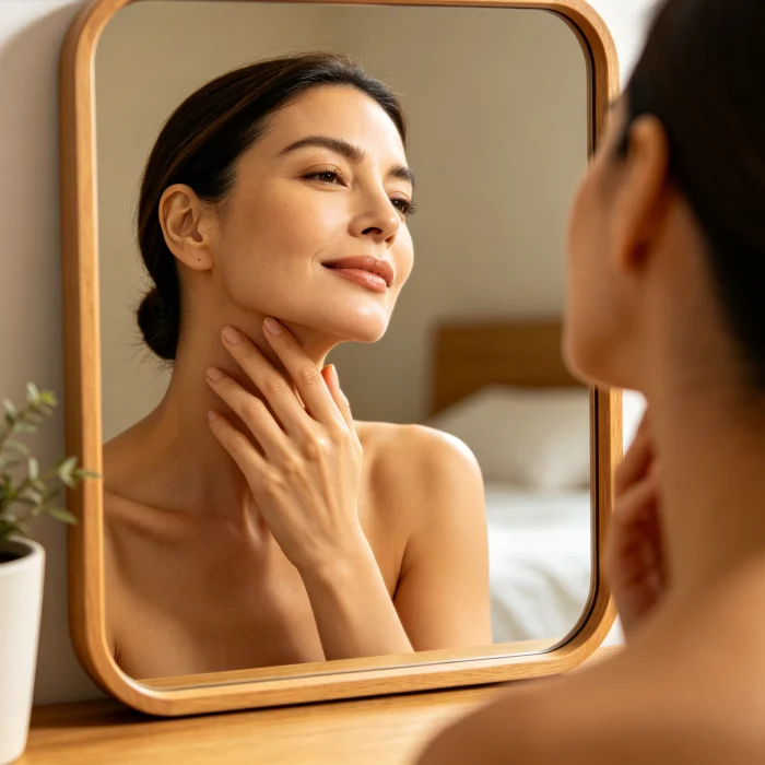 a woman in her 30s touching her jawline while looking in a mirror