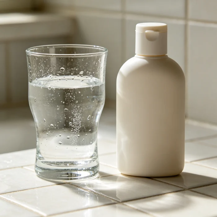 a glass of water and a bottle of sunscreen on a bathroom counter