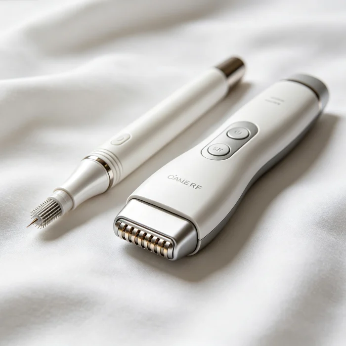 a side-by-side comparison of a microneedling pen and an RF device on a white cloth