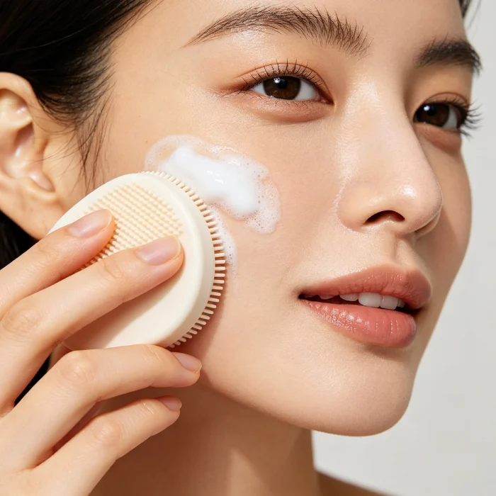 a person gently using a silicone face scrubber on their cheek with a small amount of cleanser