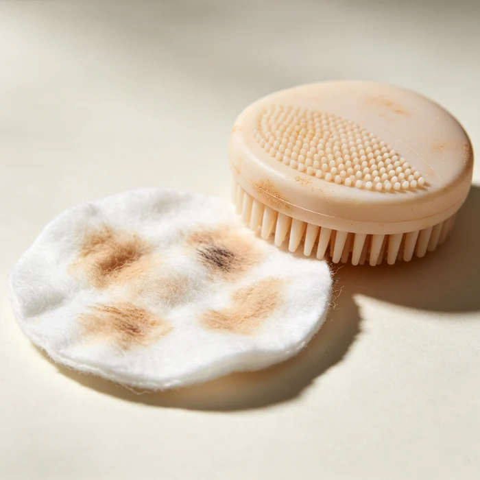 a cotton pad with makeup residue after cleansing with a silicone scrubber