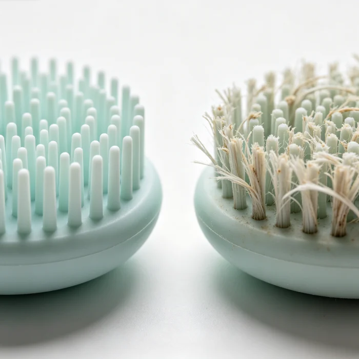 a side-by-side photo of a new and used silicone face scrubber bristles showing wear
