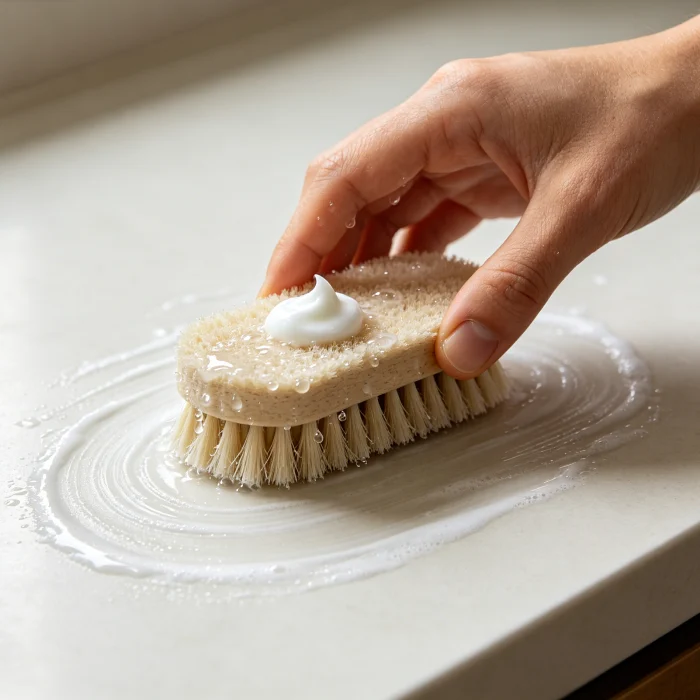 a step-by-step illustration of wetting the scrubber, applying cleanser, and moving in sweeping motions