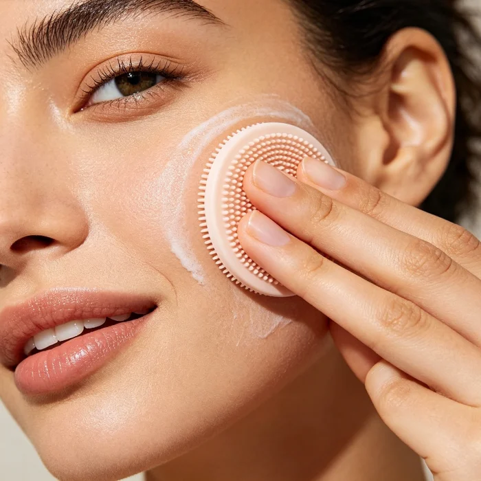 a person using a silicone face scrubber in circular motions on their cheek