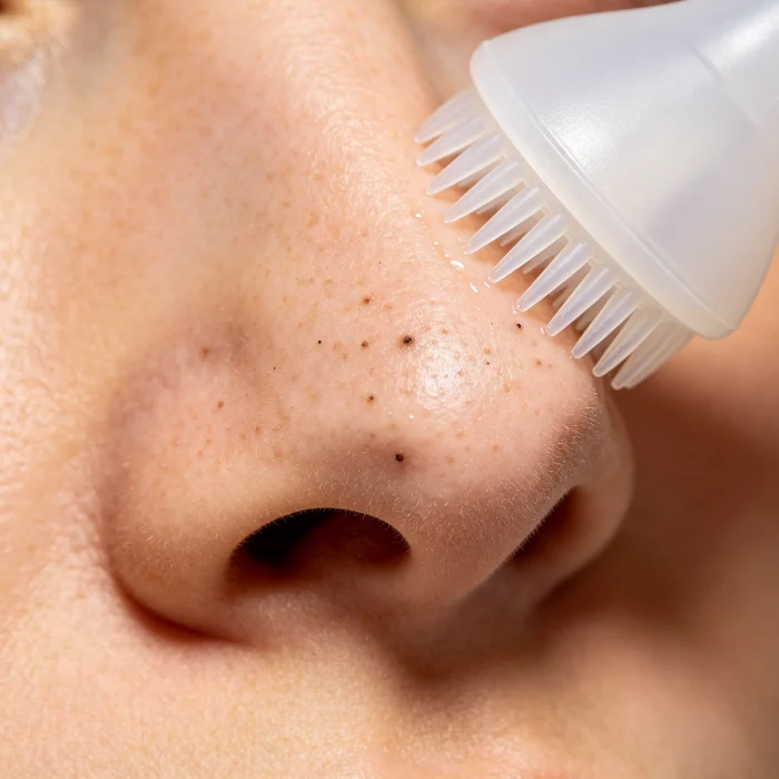 a close-up of a person's nose with blackheads being cleansed with a silicone scrubber