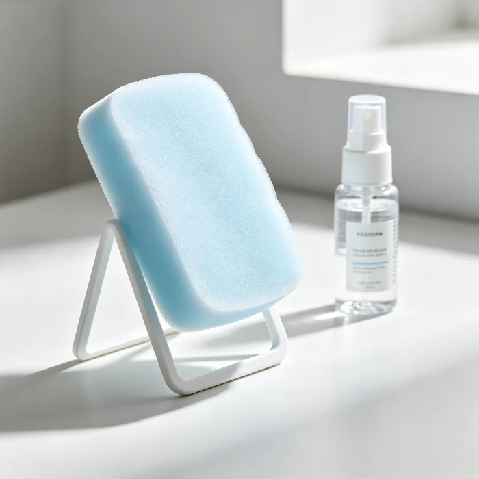 a clean silicone scrubber drying on a stand with a small spray bottle of alcohol nearby