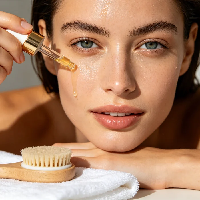a person applying serum after cleansing with a face brush