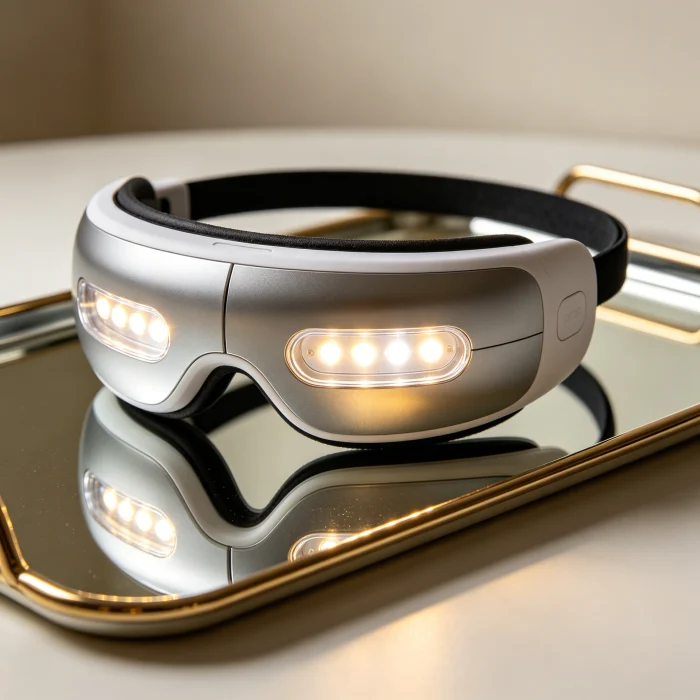 an electric eye massager with LED lights on a mirrored tray
