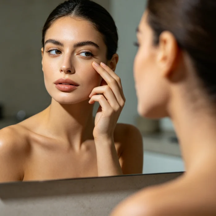 a woman looking in a mirror touching under her eye