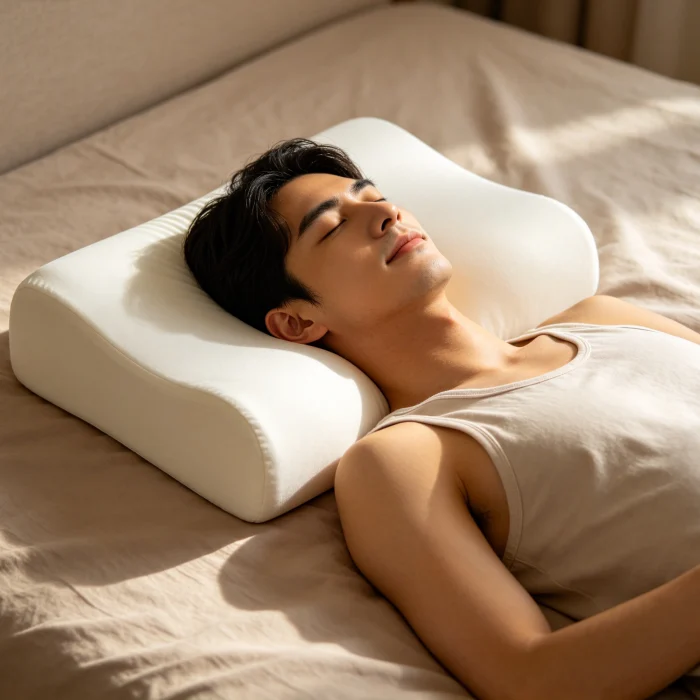 a person sleeping on their back with an elevated pillow