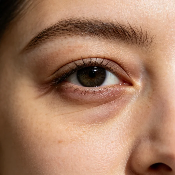 a close-up of a woman's eye showing dark circles and a slight under-eye bag