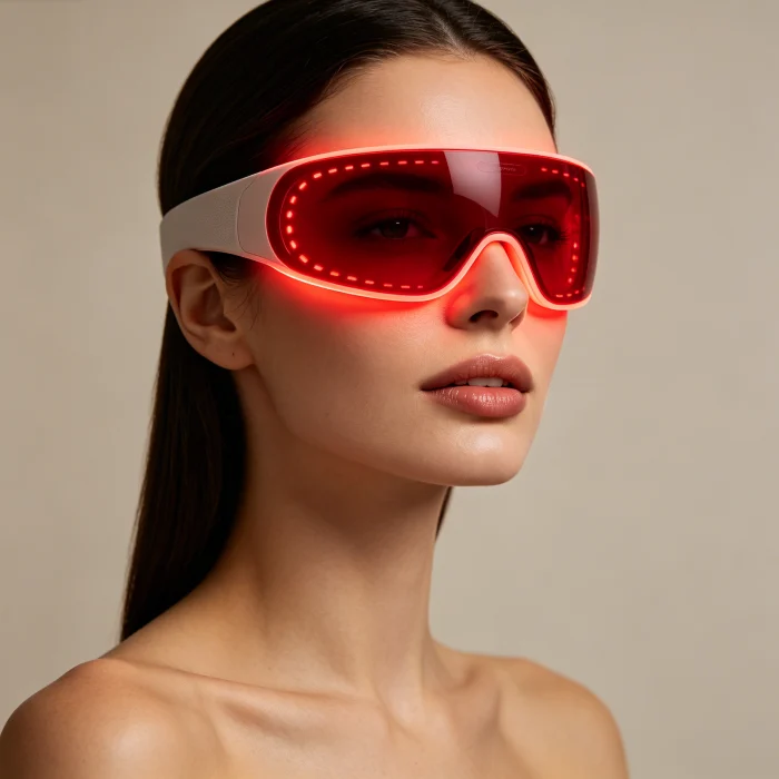 a woman wearing a red LED light therapy mask over her eyes