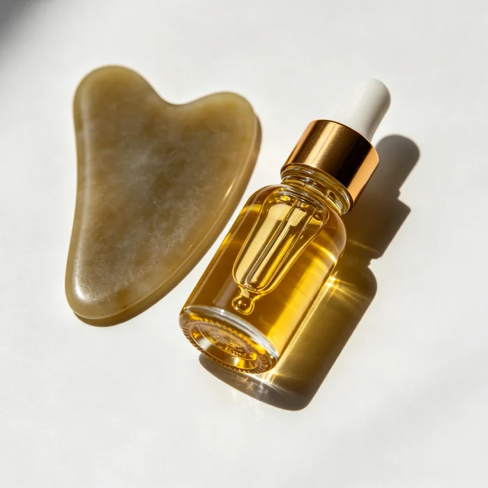 a gua sha tool on a white surface next to a small bottle of oil