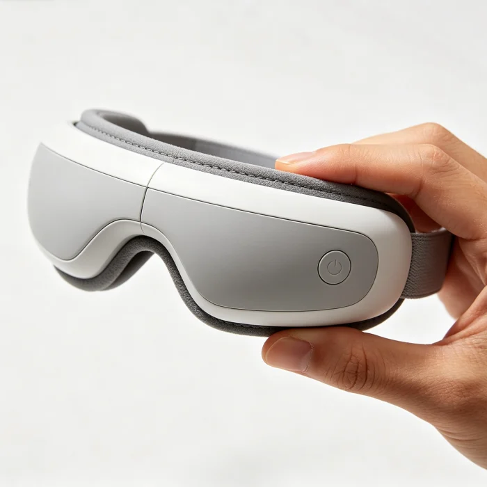 an electric eye massager device held in a hand close-up