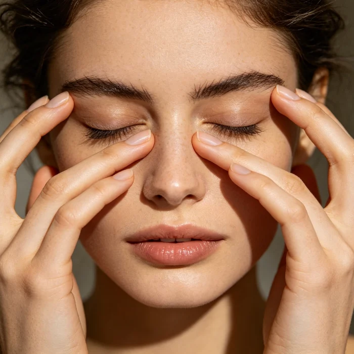 A person gently massaging their closed eyelids with fingertips