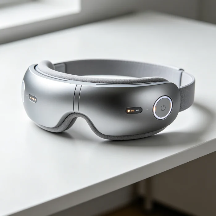 A modern electric eye massager with heat and vibration settings on a clean desk
