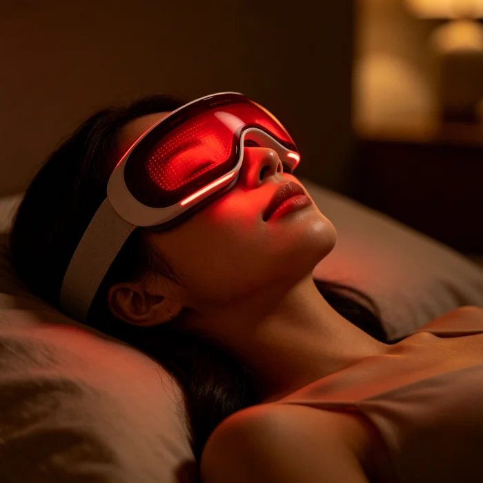A person using a red light eye massager while lying down in a dim room
