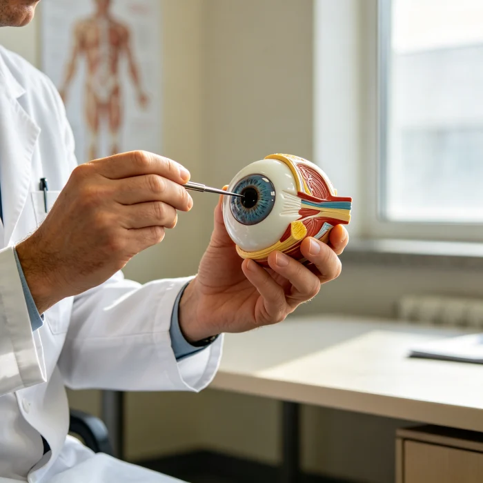 A doctor holding an eye model explaining anatomy
