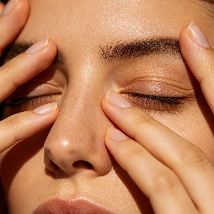 a person gently pressing closed eyelids with fingertips