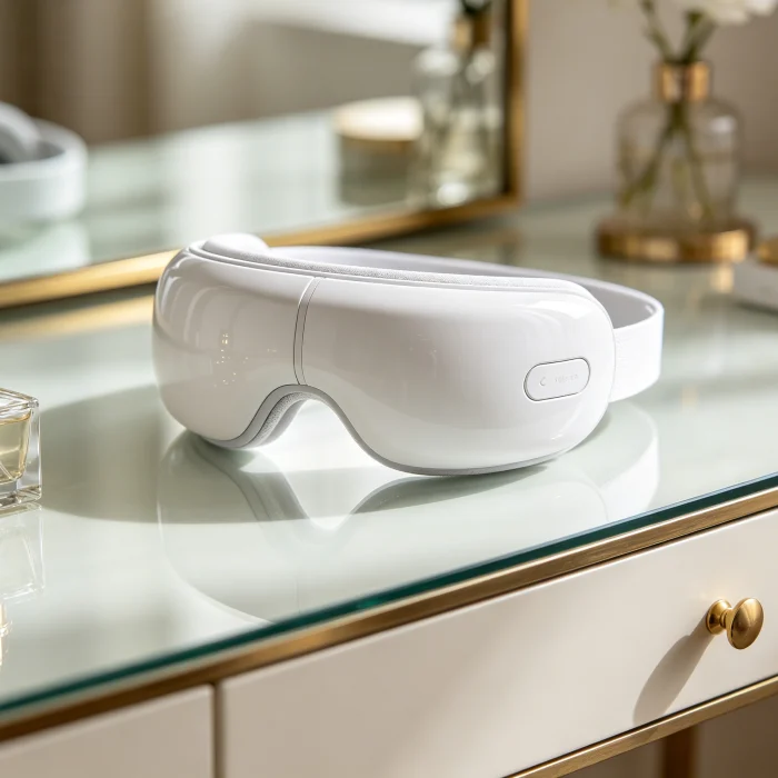 a sleek white eye massager device on a vanity table