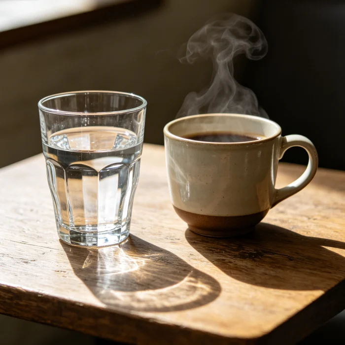 a glass of water and a coffee cup on a table
