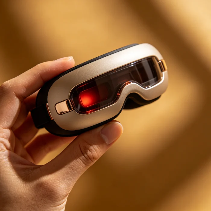 a person holding a small handheld eye massager with heat function
