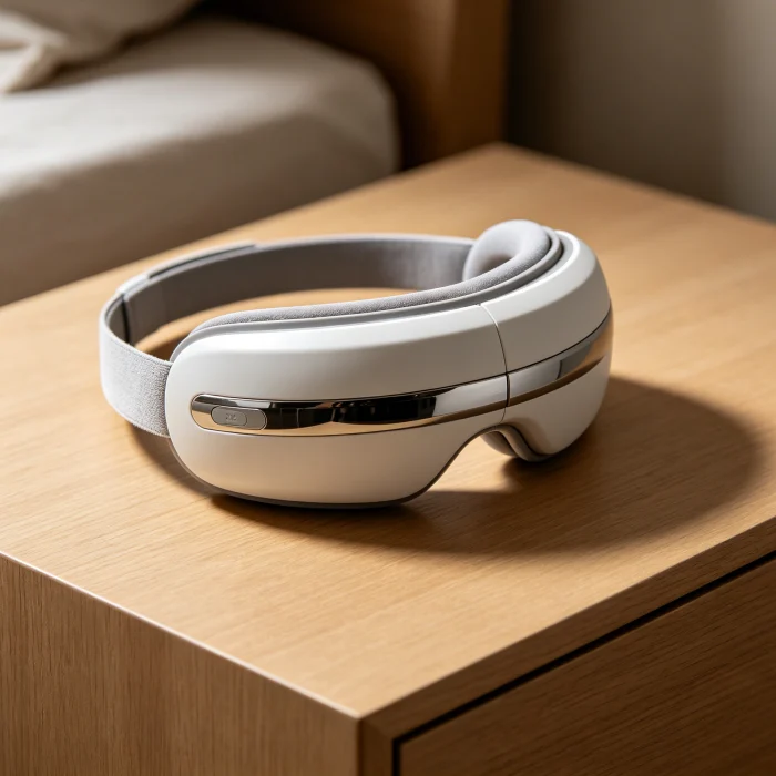 a modern eye massager on a bedside table