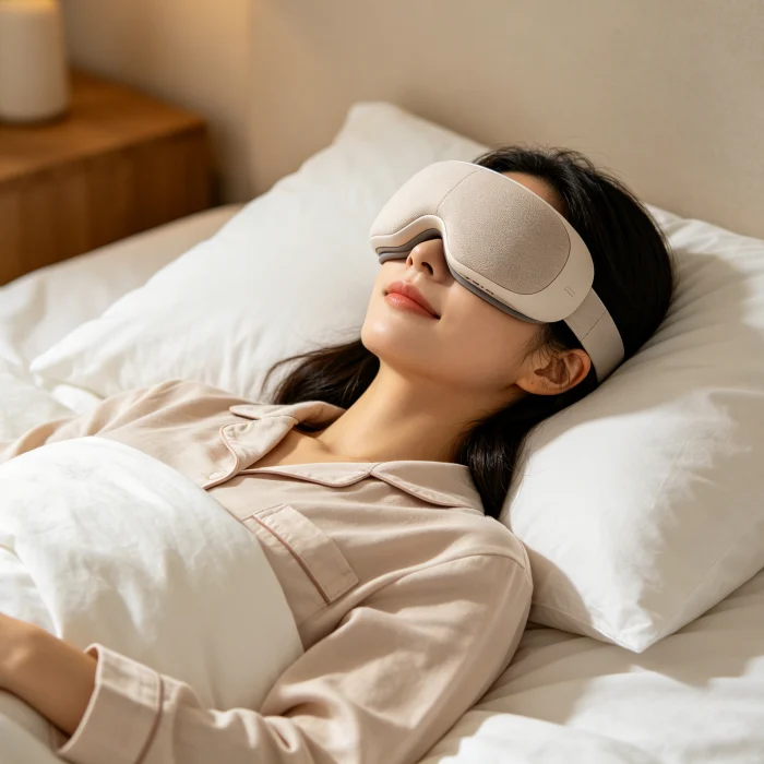 a person lying in bed with an eye massager on