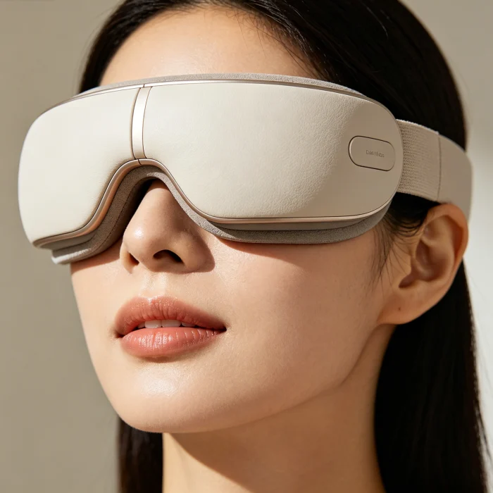 close-up of an eye massager on a person's temples