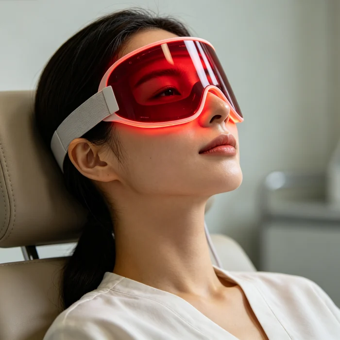 a person applying red light therapy mask on face