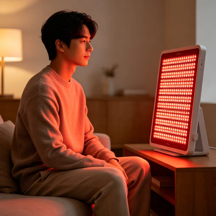 a person sitting in front of a red light therapy panel at home
