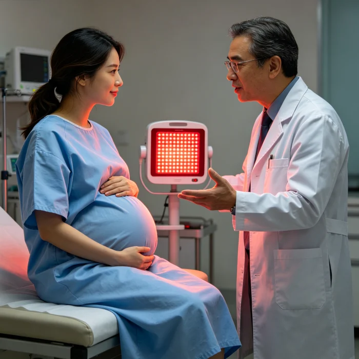 a pregnant woman consulting a doctor about red light therapy